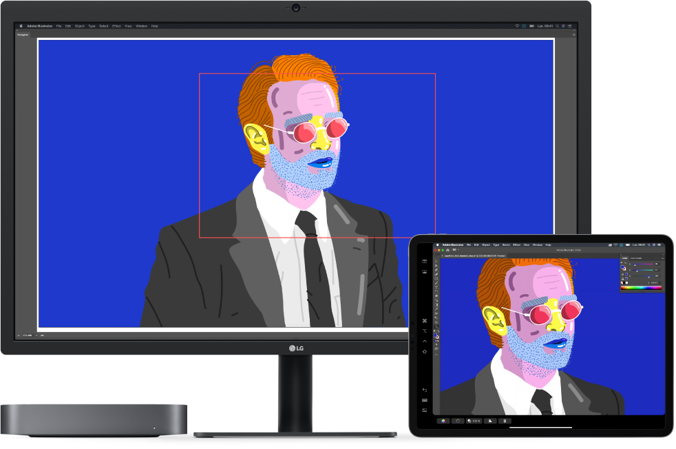 Un Mac mini et un iPad côte à côte. Le Mac mini affiche une illustration dans la fenêtre de navigateur d’Illustrator. L’iPad affiche la même illustration dans la fenêtre de document d’Illustrator, entourée par des barres d’outils.