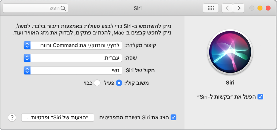 חלון ההעדפות של Siri עם האפשרות ״הפעל את ׳בקשות ל-Siri׳״ נבחרת משמאל ומספר אפשרויות להתאמה אישית של Siri מימין.