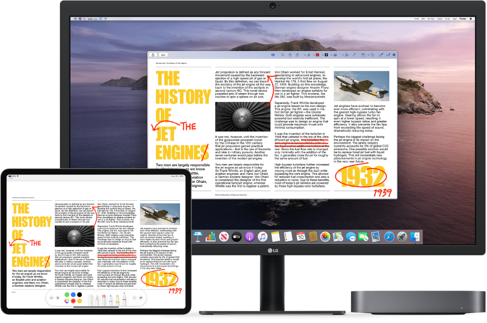 ‏Mac mini ו-iPad מונחים זה לצד זה. שני המסכים מציגים מאמר המכוסה בתיקונים אדומים קטנים בכתב יד, כמו משפטים מחוקים בקו, חצים ומילים שנוספו. ל-iPad יש גם פקדי סימון בתחתית המסך.