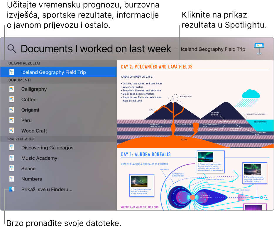 Prozor aplikacije Spotlight prikazuje rezultate pretraživanja na lijevoj strani, a pretpregled na desnoj.