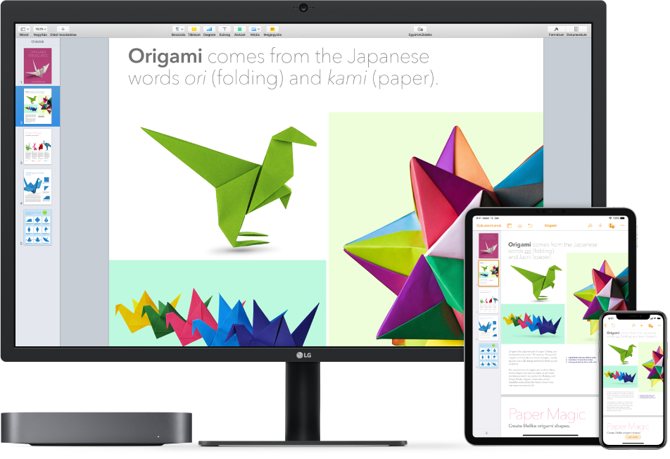 Azonos tartalom megjelenítve egy Mac minin, egy iPaden és egy iPhone-on.