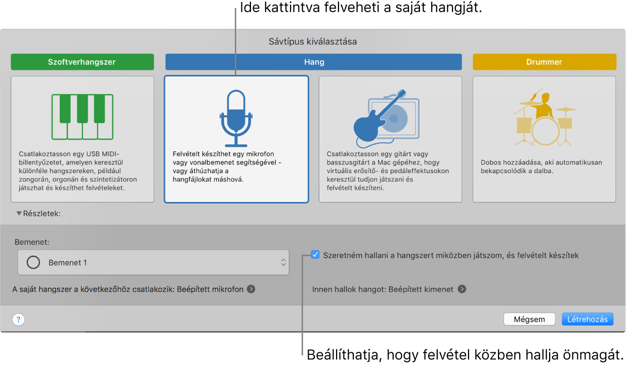 A GarageBand hangszerpanele, amelyen megtekintheti, hová kell kattintania a hang rögzítéséhez, és hogyan hallgathatja magát felvételkor.