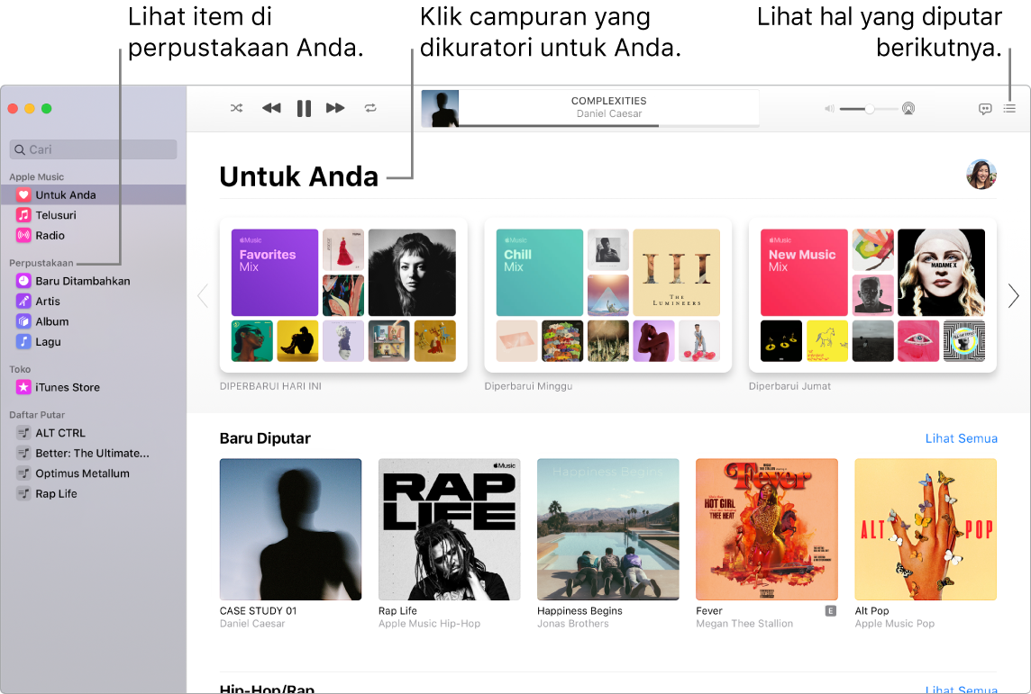 Jendela app Musik menampilkan cara untuk melihat perpustakaan Anda, mendengarkan Apple Music, dan melihat lagu yang akan diputar berikutnya.