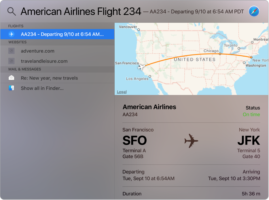 Іздеген ұшағыңыз үшін карта мен ұшақ ақпаратын көрсетіп тұрған Spotlight терезесі.