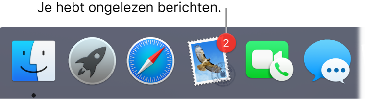 Een gedeelte van het Dock met daarin het appsymbool van Mail, met een badge die het aantal ongelezen berichten aangeeft.