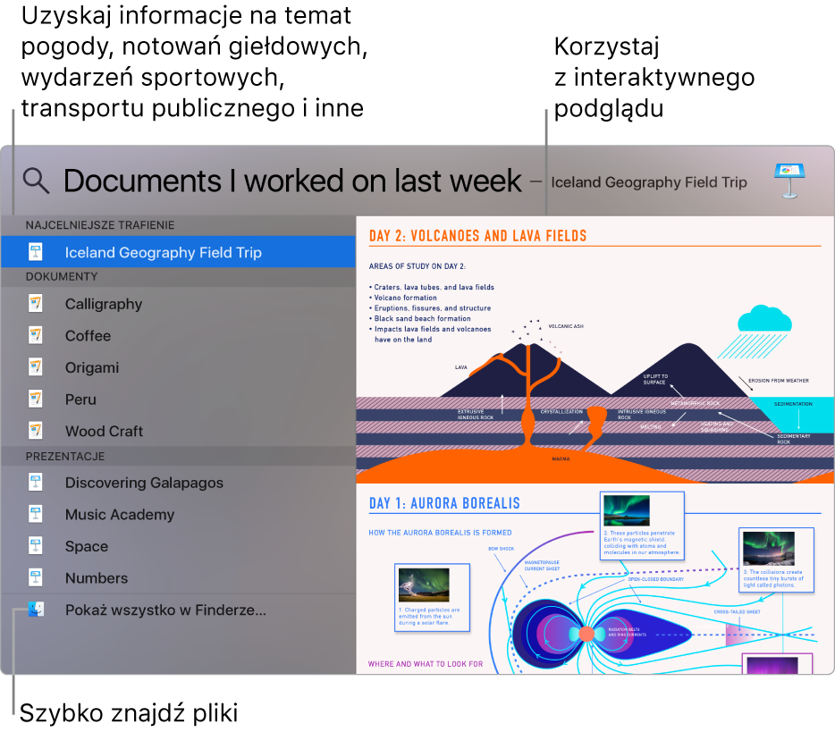 Okno wyników wyszukiwania Spotlight; lista wyników po lewej stronie i podgląd po prawej.