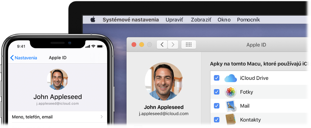 iPhone so zobrazenými nastaveniami iCloudu a obrazovka Macu s oknom iCloudu.