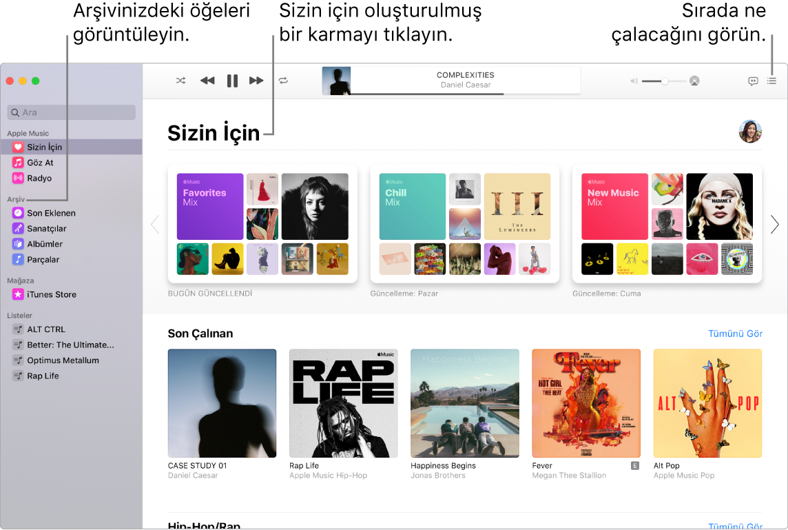 Arşivinizi görüntülemeyi, Apple Music’i dinlemeyi ve sıradaki parçaya bakmayı gösteren bir Müzik uygulaması penceresi.