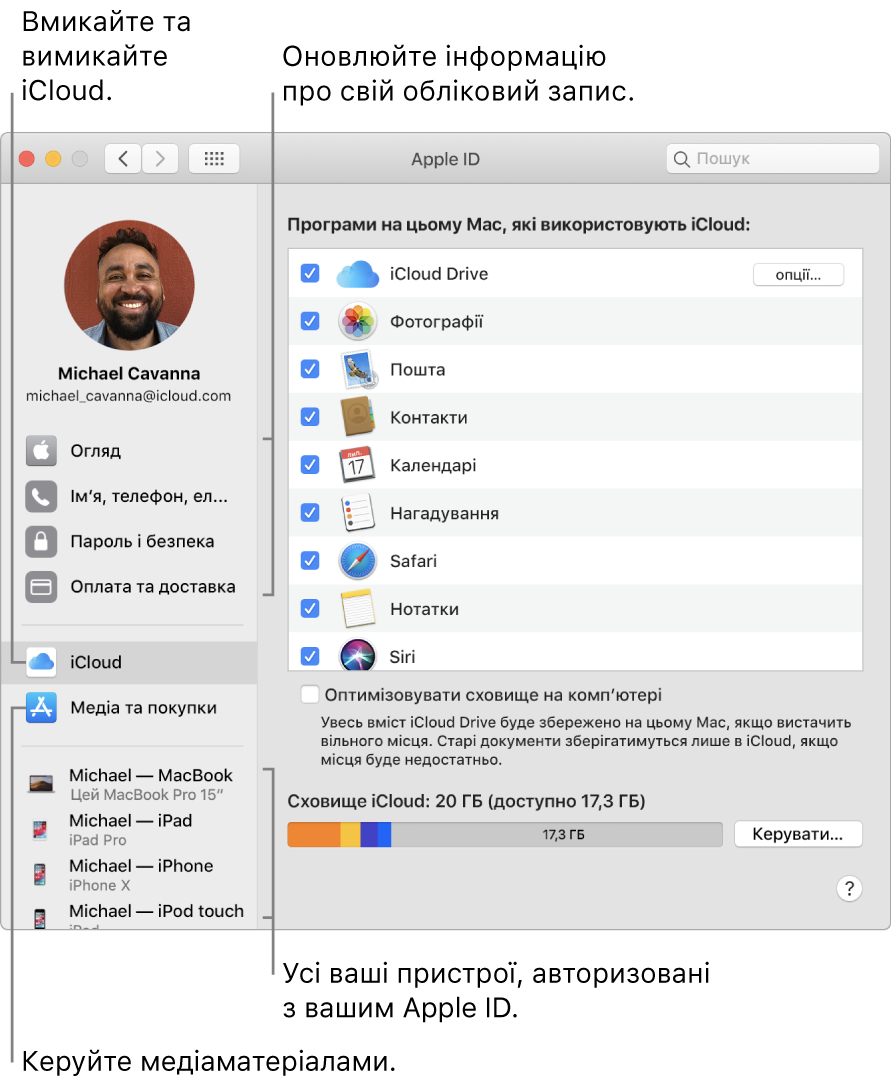 Панель Apple ID в Системних параметрах. Клацніть елемент на бічній панелі, щоб оновити інформацію про свій обліковий запис, увімкнути або вимкнути iCloud, керувати медіа-записами, а також відкрити перелік пристроїв, на яких здійснено вхід із вашим Apple ID.