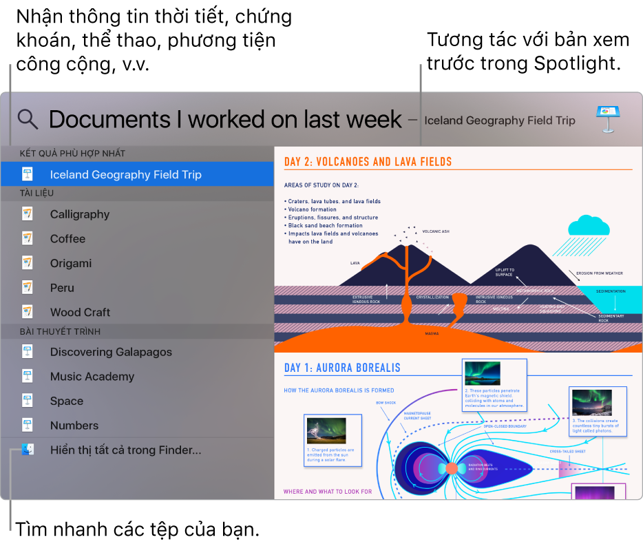 Cửa sổ Spotlight đang hiển thị các kết quả tìm kiếm ở bên trái và bản xem trước ở bên phải.