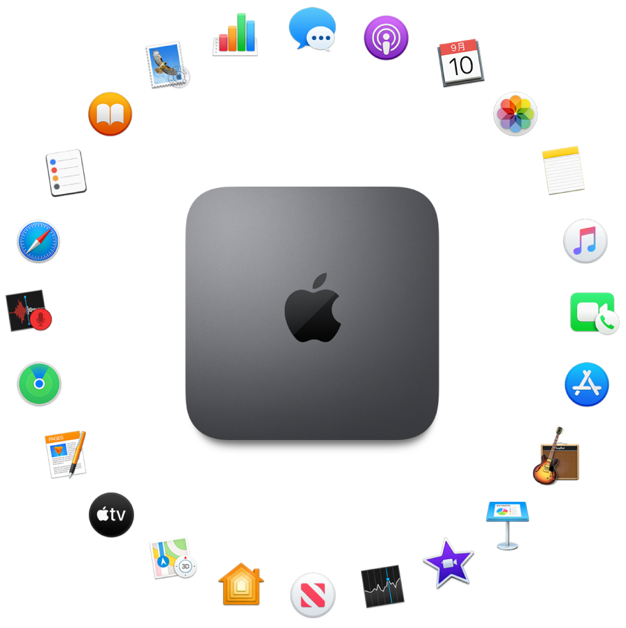 由內建 App 圖像所圍繞的 Mac mini，這些 App 會於後續章節中說明。