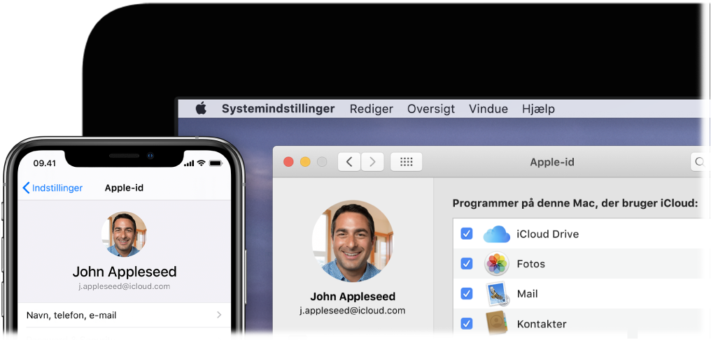 En iPhone viser iCloud-indstillinger og en Mac-skærm viser iCloud-vinduet.