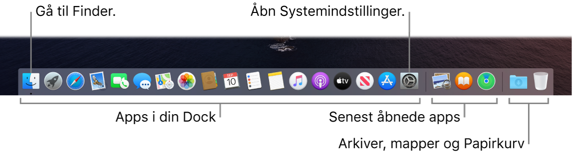 Et billede af Dock med Finder, Systemindstillinger og stregen i Dock, der adskiller programmer fra arkiver og mapper.