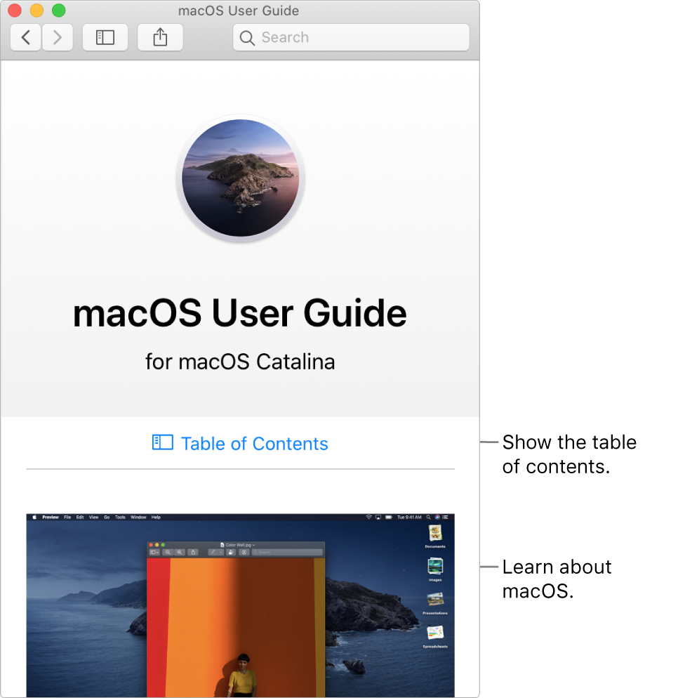 The macOS User Guide welcome page showing the Table of Contents link.