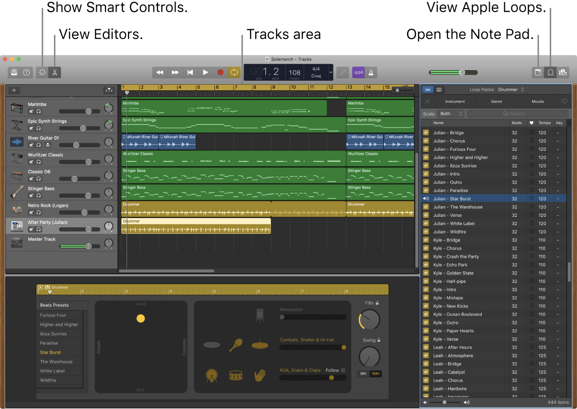 A GarageBand window showing the buttons for accessing Smart Controls, Editors, Notes, and Apple Loops. It also shows the tracks display.