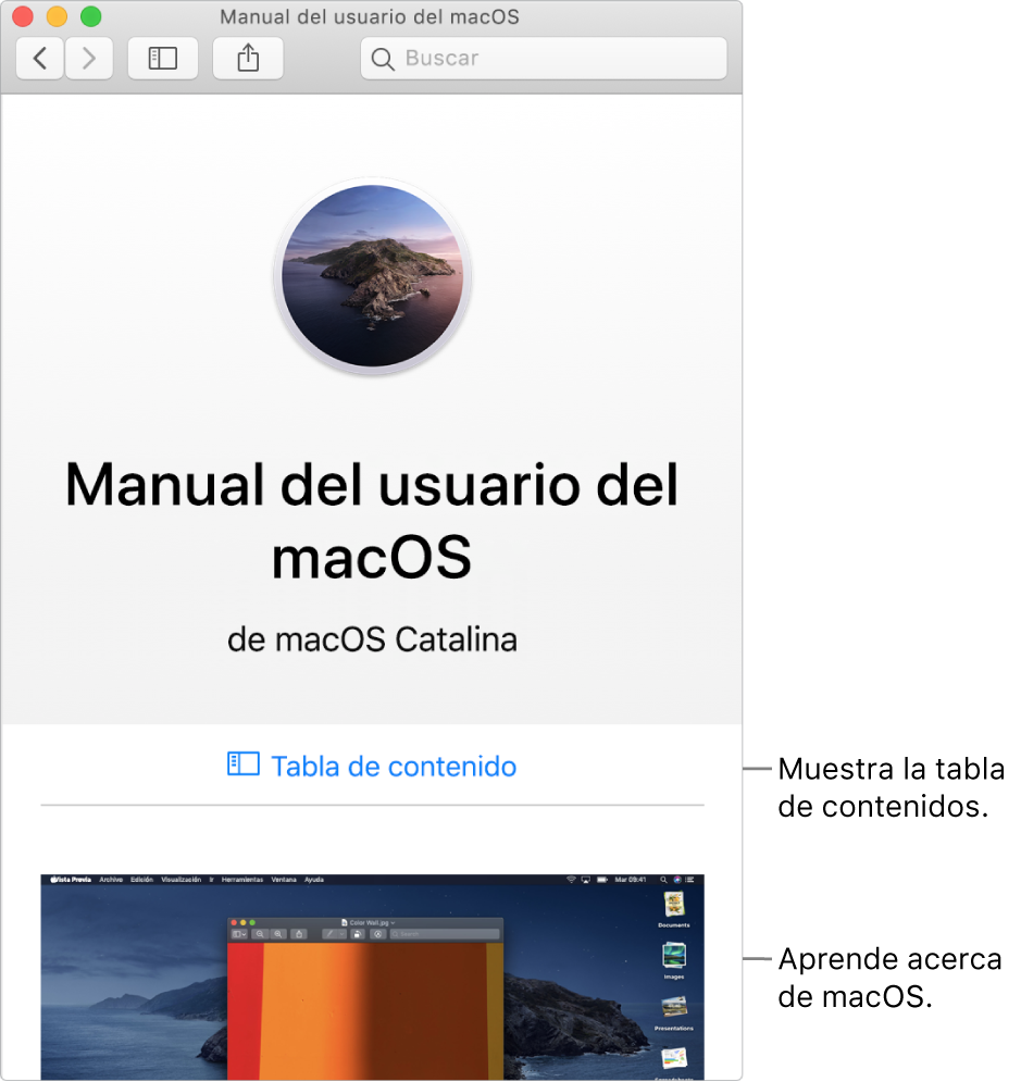 La página de bienvenida del Manual de usuario de macOS con el enlace a la tabla de contenido.