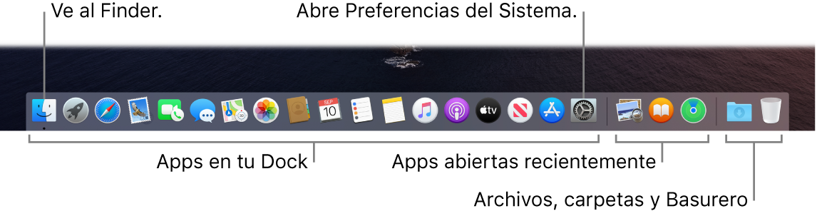 El Dock mostrando el Finder, Preferencias del Sistema y la línea que divide las apps de las carpetas y archivos.