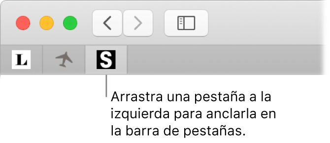 Ventana de Safari mostrando cómo anclar una pestaña en la barra de pestañas.