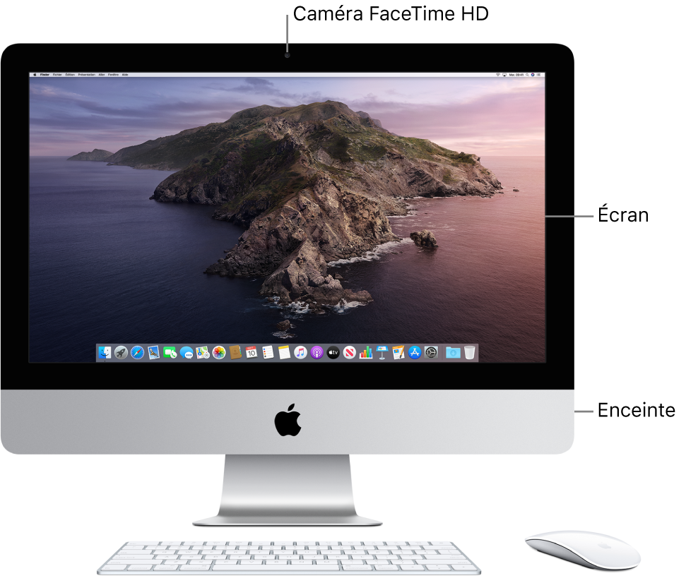 Vue frontale de l’iMac avec l’écran, la caméra et les haut-parleurs.