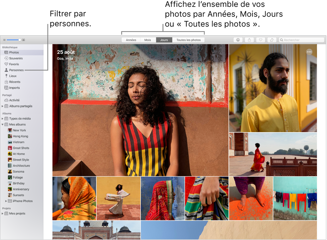 Une fenêtre Photos montrant comment filtrer les photos dans votre album de différentes façons.