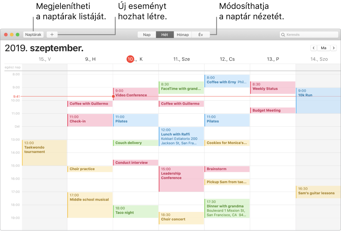 Egy Naptár-ablak, amelyben egy esemény létrehozása, a naptárak listája és a nap, hét, hónap vagy év nézet kiválasztása látható.