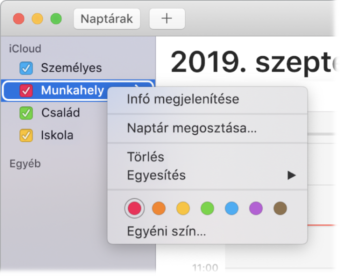 Naptár helyi menü a naptár színének testreszabásához választható beállításokkal.