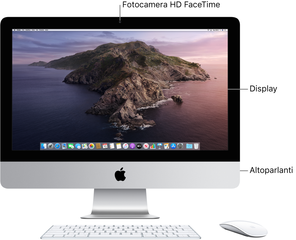 Vista frontale di iMac che mostra il monitor, la fotocamera e gli altoparlanti.