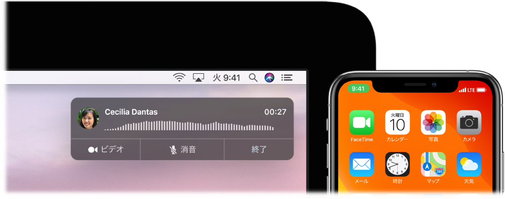 Macの画面右上隅に着信通知ウインドウが表示されており、iPhoneにはMacで通話が行われていることが示されています。