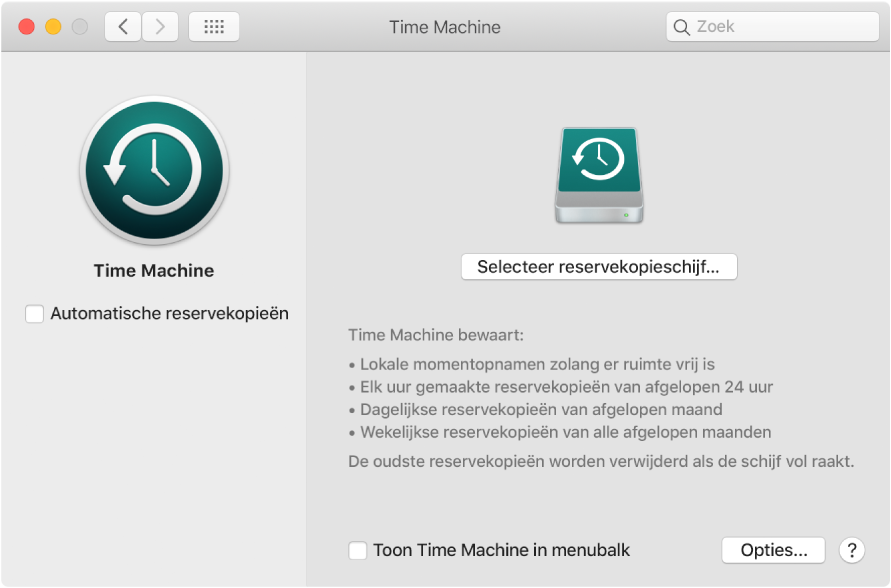 Het venster van Time Machine-reservekopieën.