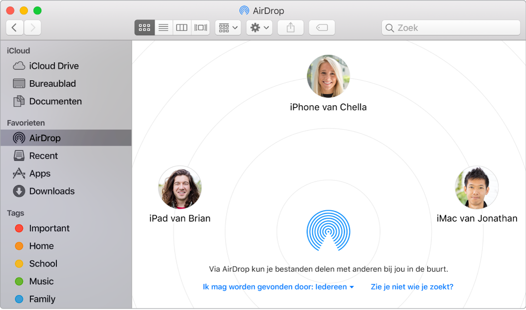 Een Finder-venster waarin AirDrop in het gedeelte 'Favorieten' van de navigatiekolom is geselecteerd.