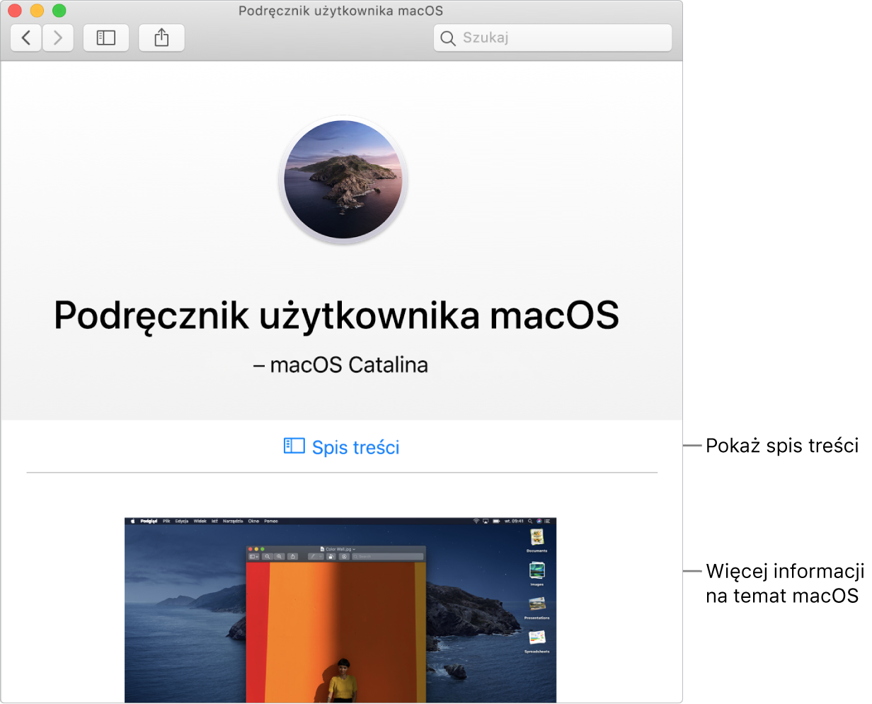 Strona powitalna Podręcznika użytkownika macOS oraz łącze do Spisu treści.