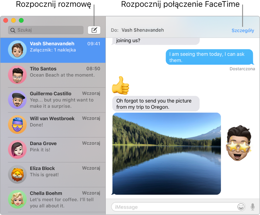 Okno aplikacji Wiadomości z opisami przycisków rozpoczynania rozmowy oraz połączenia FaceTime.