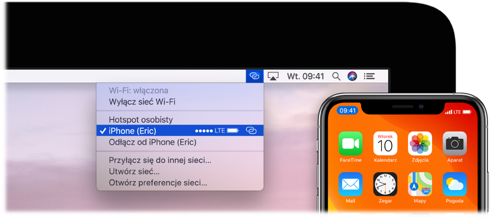 Ekran Maca z menu Wi‑Fi informującym o nawiązanym połączeniu z hotspotem osobistym na iPhonie.