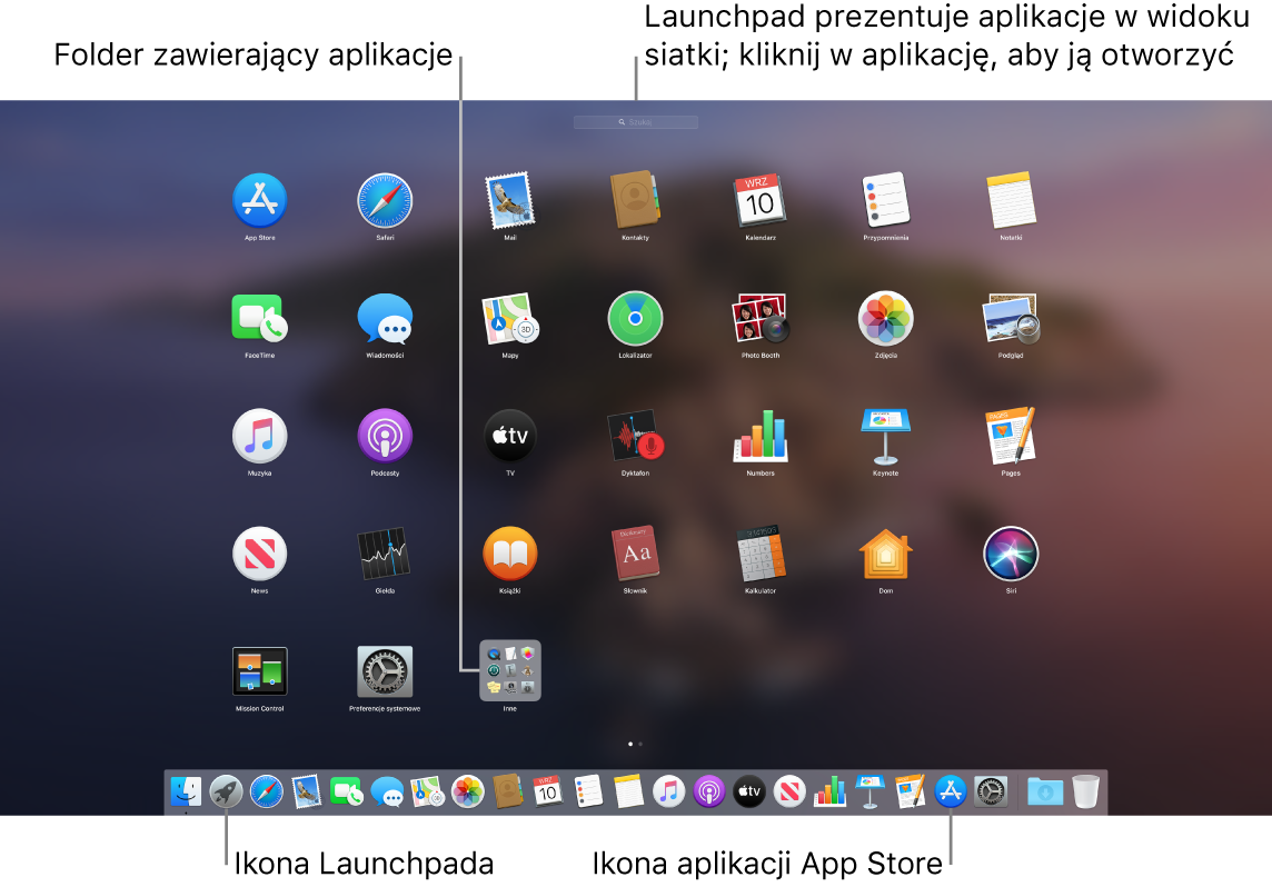 Ekran Maca z otwartym Launchpadem; folder aplikacji w Launchpadzie jest wyróżniony, a w Docku wyróżnione są również ikony Launchpada i App Store.