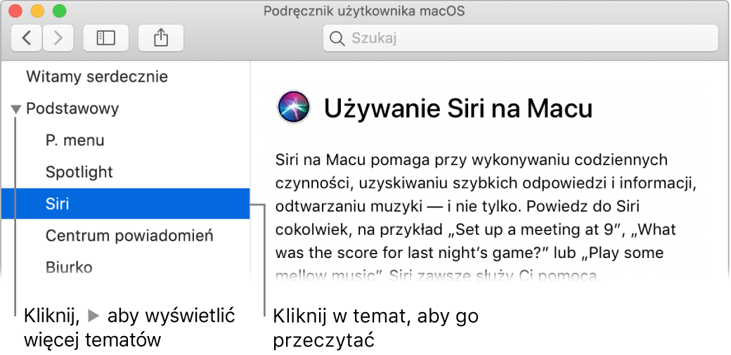 Okno przeglądarki pomocy; ilustracja przedstawia sposób wyświetlania tematów na pasku bocznym oraz sposób wyświetlania zawartości otwartego tematu pomocy.