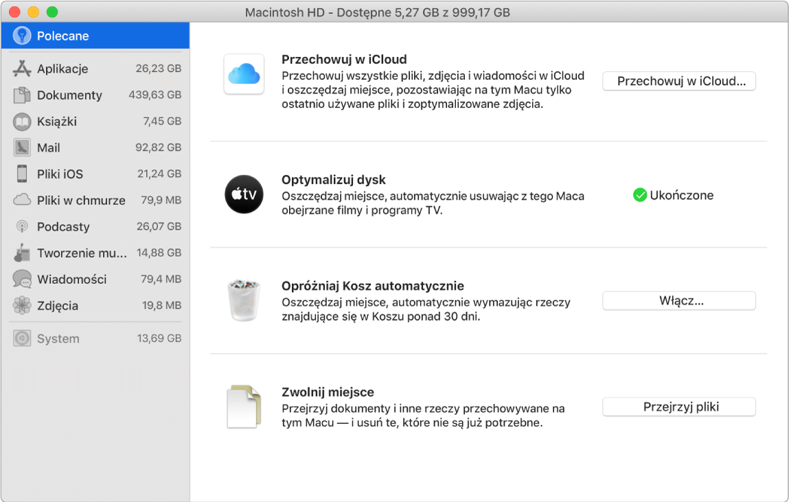Polecane preferencje zarządzania pamięcią masową, wyświetlające opcje Przechowuj w iCloud, Optymalizuj dysk, Opróżniaj Kosz automatycznie oraz Zwolnij miejsce.