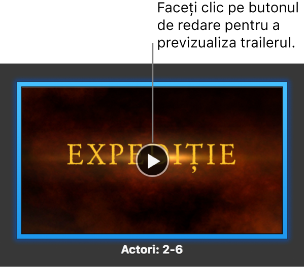 Ecranul trailer iMovie afișând butonul de redare.