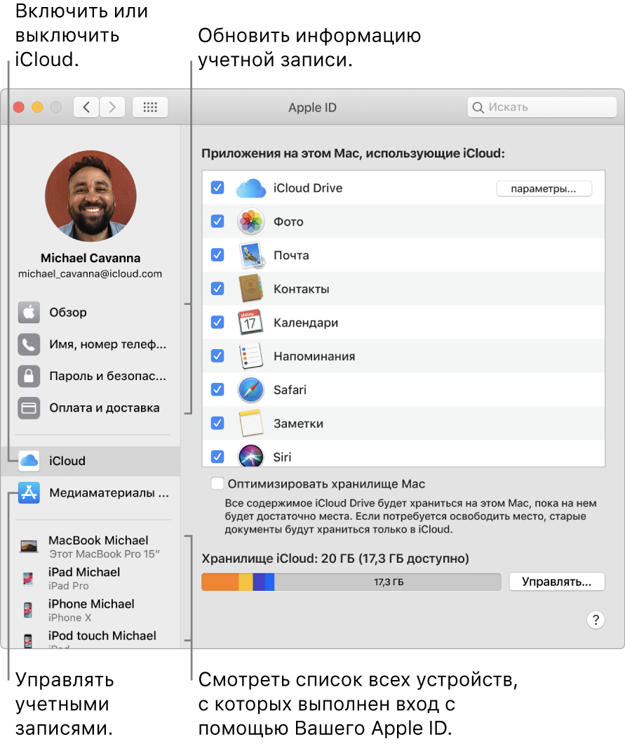 Панель Apple ID в Системных настройках. Нажмите объект в боковом меню, чтобы обновить сведения учетной записи, включить или выключить iCloud, проверить настройки учетных записей для мультимедиа, а также посмотреть, на каких устройствах выполнен вход с тем же Apple ID.