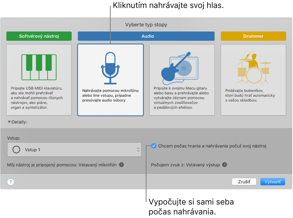 Panel s nástrojmi aplikácie GarageBand s položkou, na ktorú treba kliknúť, ak chcete nahrávať hlas, a so znázornením, ako si vypočujete, čo nahrávate.