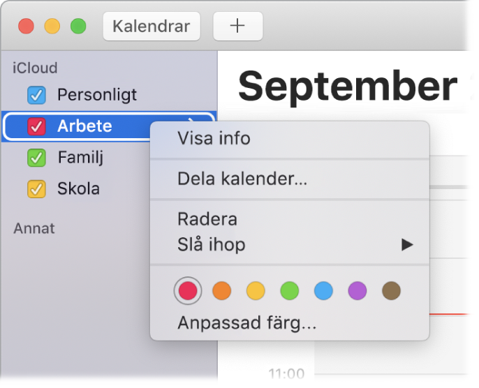 Kontextmeny för Kalender med alternativ för att anpassa en kalenders färg.