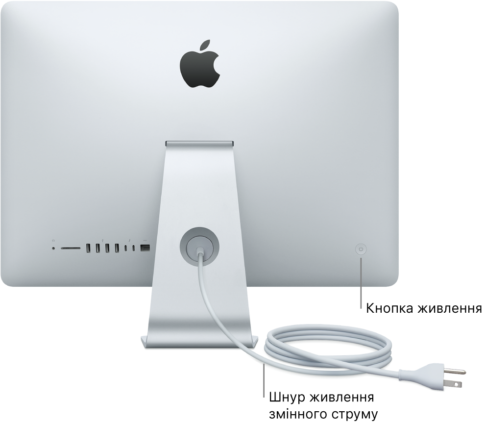 Вид задньої панелі комп’ютера iMac з кабелем живлення змінного струму та кнопкою живлення