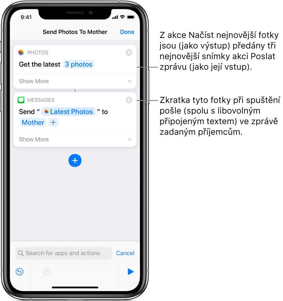 Zkratka obsahující akce „Načíst nejnovější fotky“ a „Poslat zprávu“