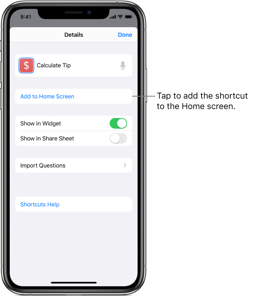 Details screen in Shortcut app showing Add to Home Screen.