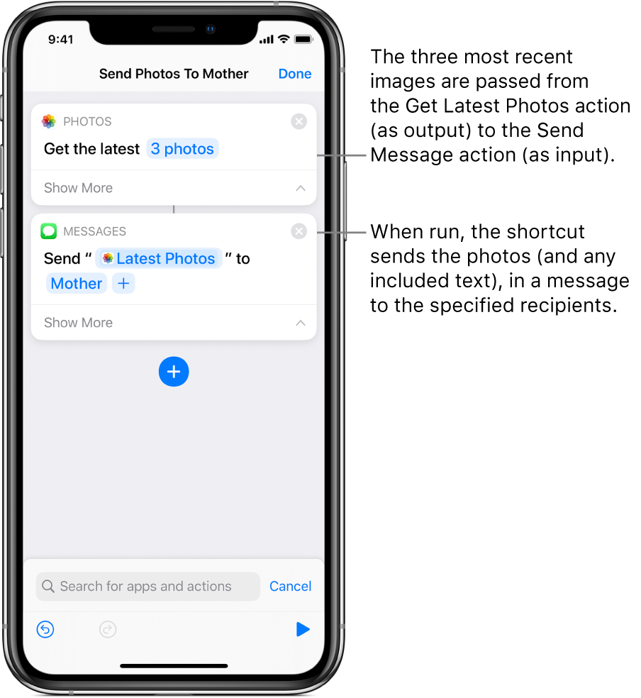 Shortcut containing a Get Latest Photos action and a Send Message action.