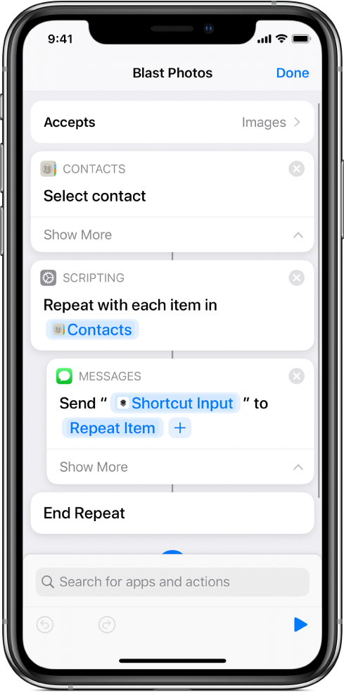 Example shortcut showing "Repeat" actions.