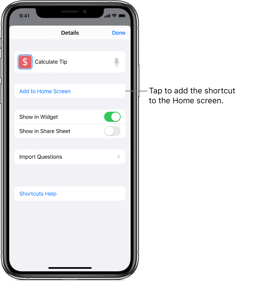Details screen in Shortcut app showing Add to Home Screen.