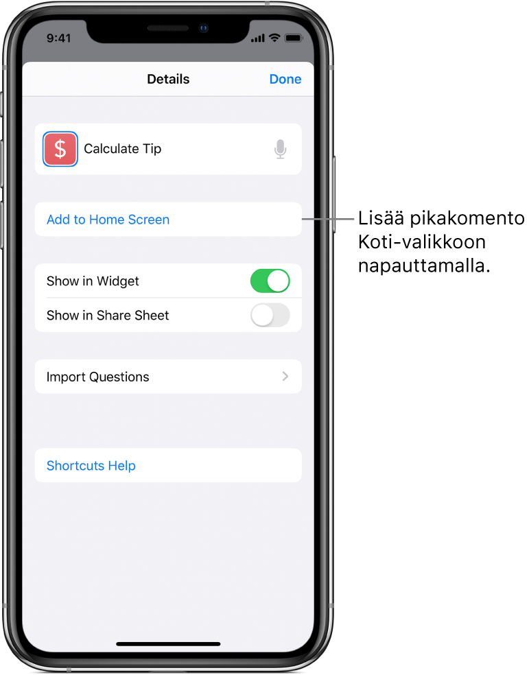Pikakomennot-apin Tiedot-näyttö, jossa näkyy Lisää Koti-valikkoon.