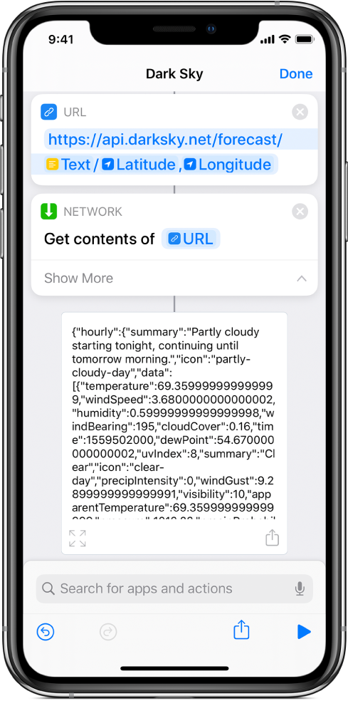 Results of the Dark Sky API request shortcut, showing the weather forecast for Alcatraz.