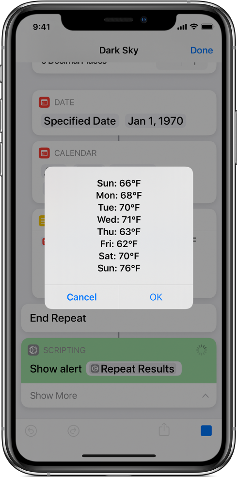 Avvisi risultanti che mostrano le temperature medie per la settimana, nell’editor di comandi rapidi.