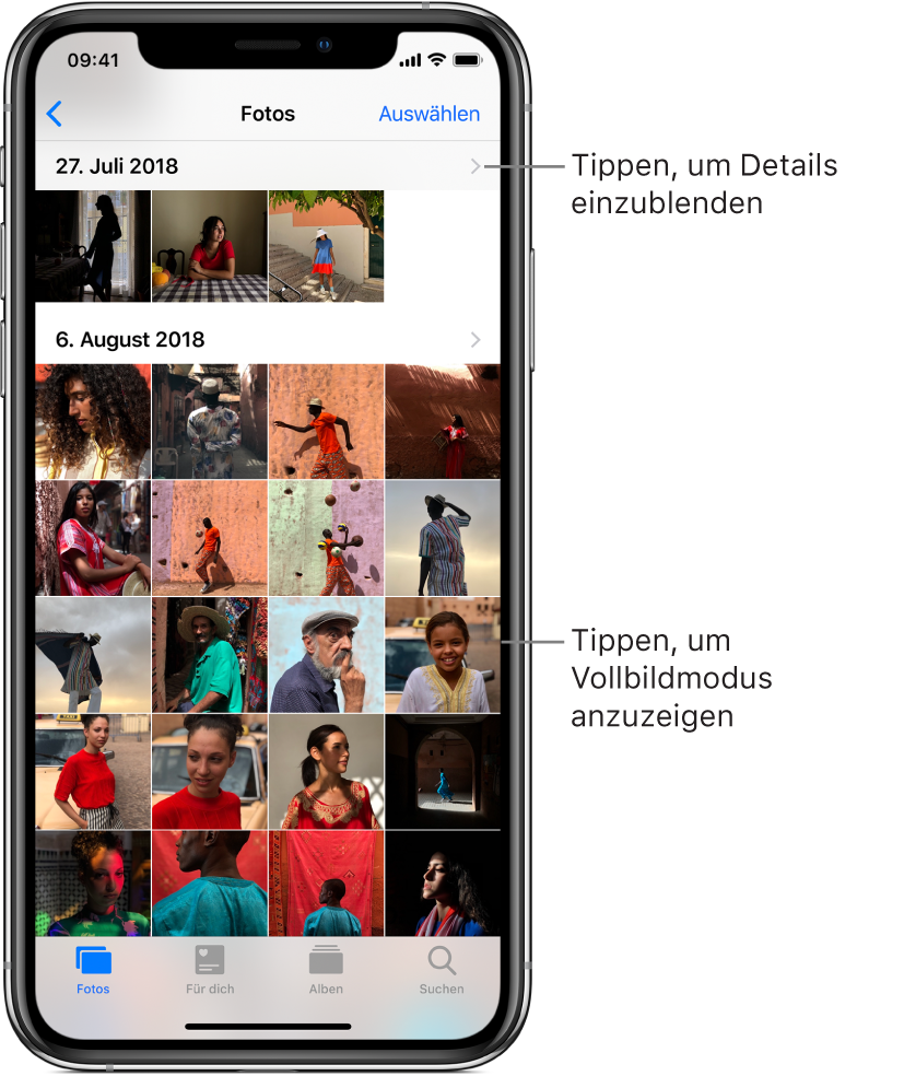 Die App „Fotos“; am unteren Bildschirmrand sind von links nach rechts die Tabs „Fotos“, „Für dich“, „Alben“ und „Suchen“ zu sehen. Aktuell ist der Tab „Fotos“ ausgewählt. Oben auf dem Bildschirm sind in einem Raster die Miniaturen der nach Momenten gruppierten Fotos zu sehen. Über jedem Moment wird das Datum eingeblendet, an dem die enthaltenen Fotos entstanden. Beim Tippen auf das Datum werden die Details zum betreffenden Moment eingeblendet. Beim Tippen auf eine Miniatur wird das betreffende Foto in voller Bildschirmgröße angezeigt.